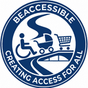 BeAccessible logo - circular badge with wheelchair user, pram, shopping trolley, and accessibility ramp icons, text reads BEACCESSIBLE CREATING ACCESS FOR ALL